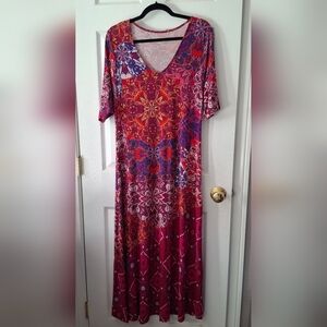 Soft Surroundings Maxi Dress Short Sleeve Pink Red Boho Mixed Media Print Sz M